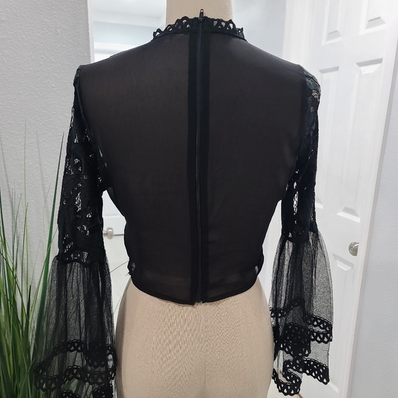 Long Bell Sleeve Black Lace Zip Back Blouse - Picture 2 of 5
